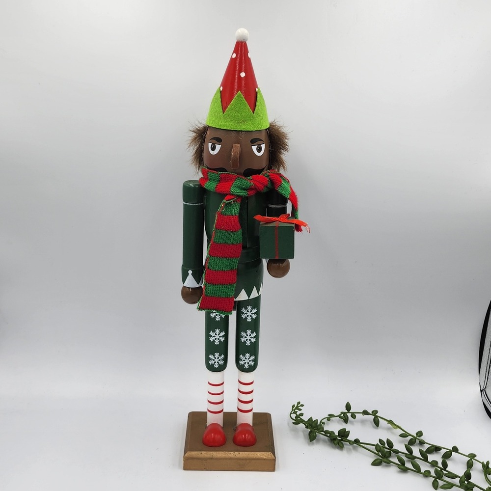 African American‎ Elf Nutcracker Wood Red Green Snowflake Christmas Decor 16"